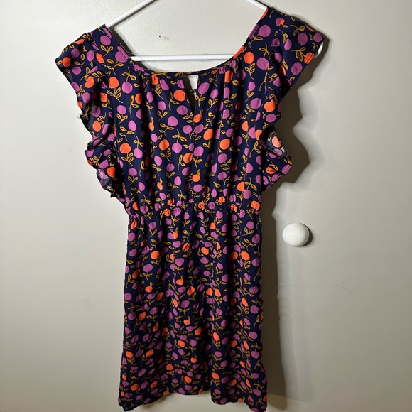 Fossil Dress Small Navy Ruffle Sleeve Orange Purple Plums Flowers Minidres Rayon - Picture 9 of 9